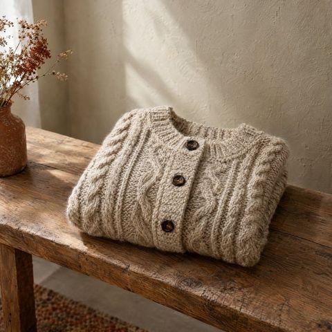 An Aran cardigan in undyed oat wool.