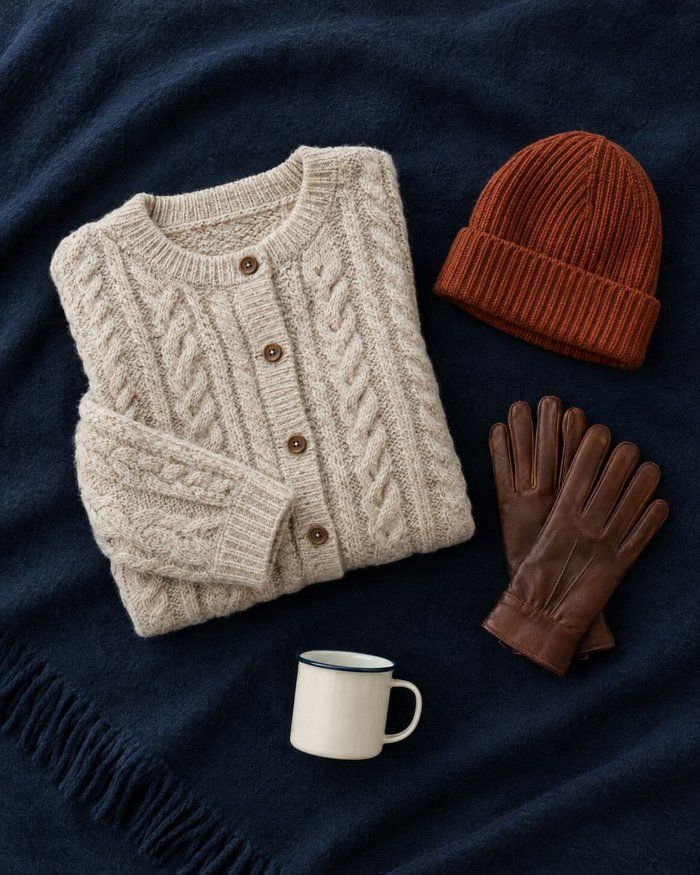 A cardigan, a hat, gloves and a mug laid out on a navy blanket.