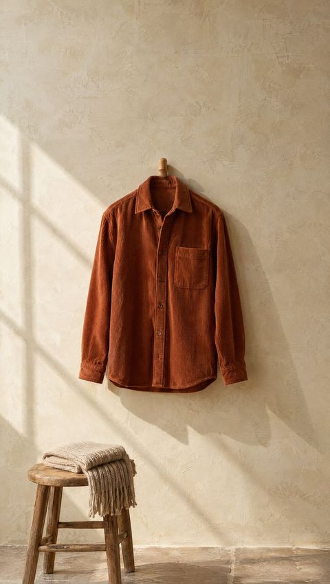 A rust corduroy overshirt on a hanger.