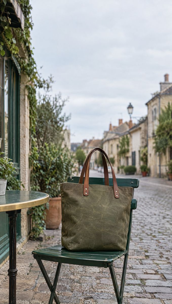 A waxed canvas tote on a green chair under a clear sky.